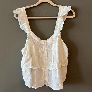 Trendy American Eagle Ruffle Button Front White Tank Top (Size L)